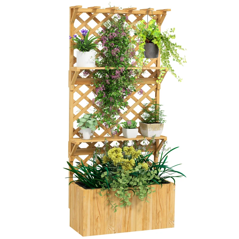 Outsunny Raised Garden Bed, Wooden Planter with Trellis, Hanging Roof, Plant Shelf, Drainage Holes and Bed Liner, Nature Wood
