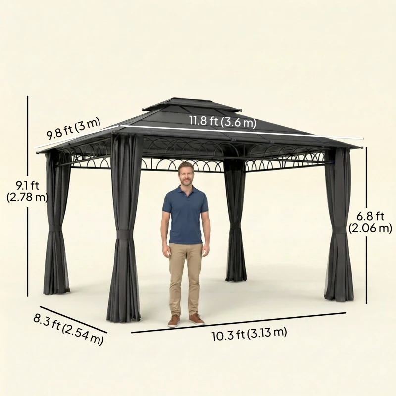 Outsunny 10' x 12' Outdoor Gazebo Canopy, Double Roof Hardtop Gazebo with Polycarbonate Roof, Steel Frame, Nettings and Curtains