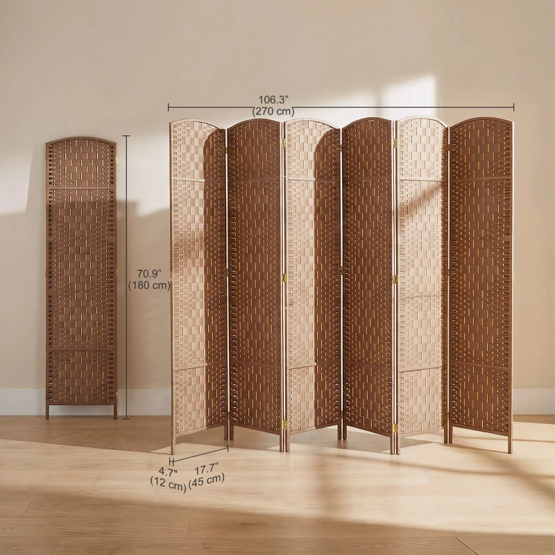 HOMCOM 6ft Folding Room Divider, 6 Panel Wall Partition with Wooden Frame for Bedroom, Home Office, Natural