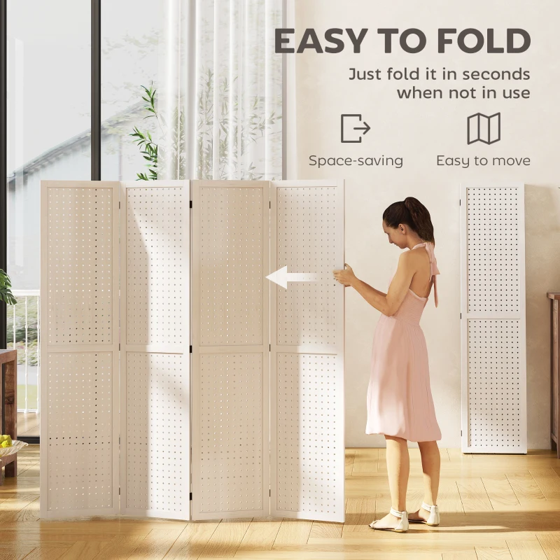 HOMCOM 5.6 Ft. Tall 4-Panel Room Divider, Pegboard Panel Folding Privacy Screen, Partition Wall Divider for Bedroom, White