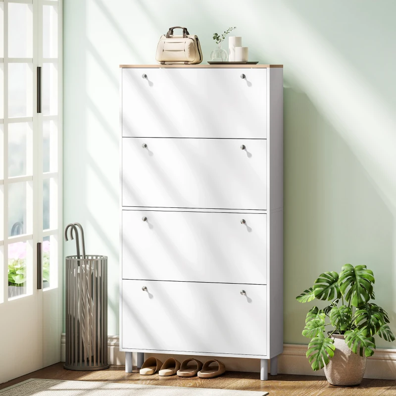 HOMCOM Narrow Shoe Cabinet with 4 Flip Drawers, Shoe Storage Cabinet with Adjustable Shelves, Holds 24–32 Pairs, White
