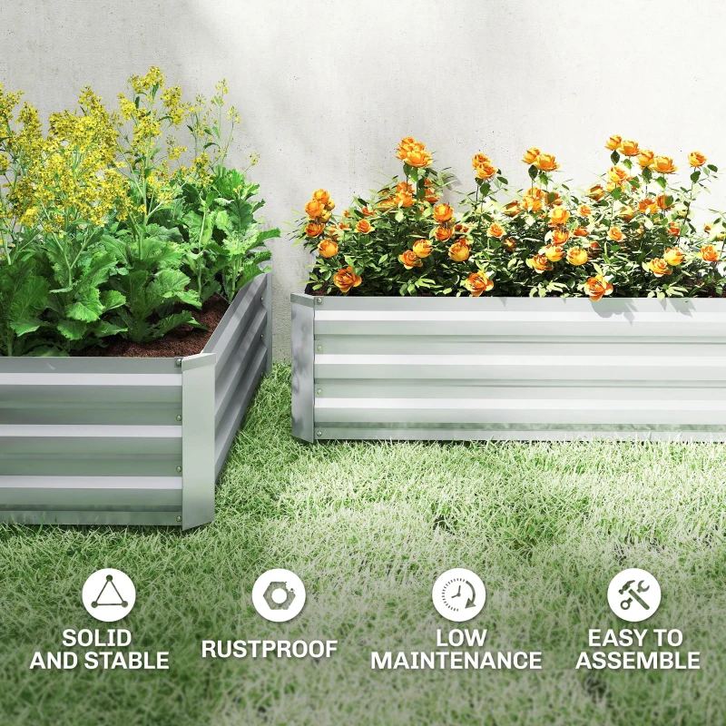 Outsunny Galvanized Raised Garden Beds, Outdoor Planter Box, Set of 2, for Flowers, Herbs and Vegetables, Silver