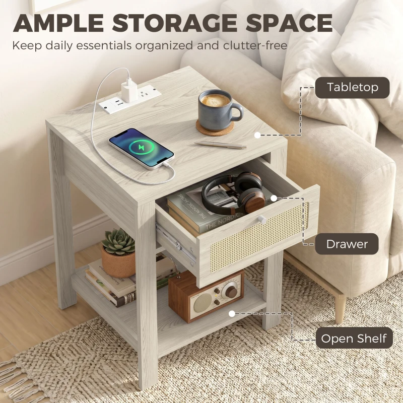 HOMCOM End Table Set of 2 with Charging Station, Bed Side Tables Set with Drawer, Storage Shelf for Living Room, Natural Wood