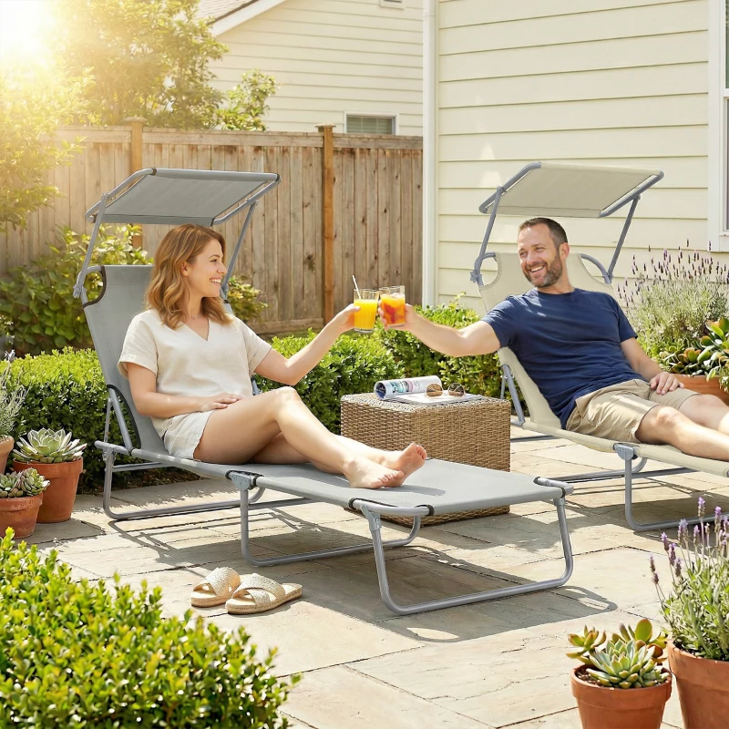 Outsunny Outdoor Lounge Chair, Adjustable Folding Chaise Lounge, Tanning Chair with Sun Shade for Beach, Camping, Hiking, Backyard, Light Grey