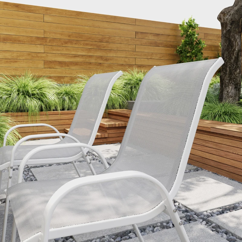 Outsunny Set of 4 Outdoor Dining Chairs, Stackable Lawn Chairs with High Back, Breathable Mesh Seat for Garden Porch, White