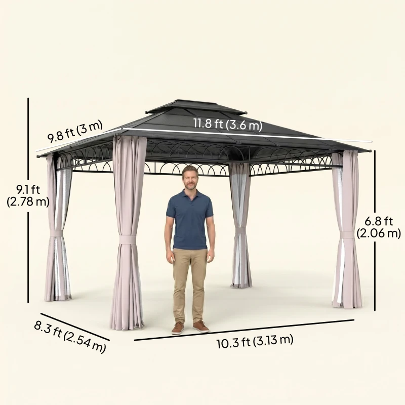 Outsunny 10' x 12' Outdoor Gazebo Canopy, Double Roof Hardtop Gazebo with Polycarbonate Roof, Steel Frame, Nettings and Curtains, for Garden, Lawn, Backyard and Deck, Khaki