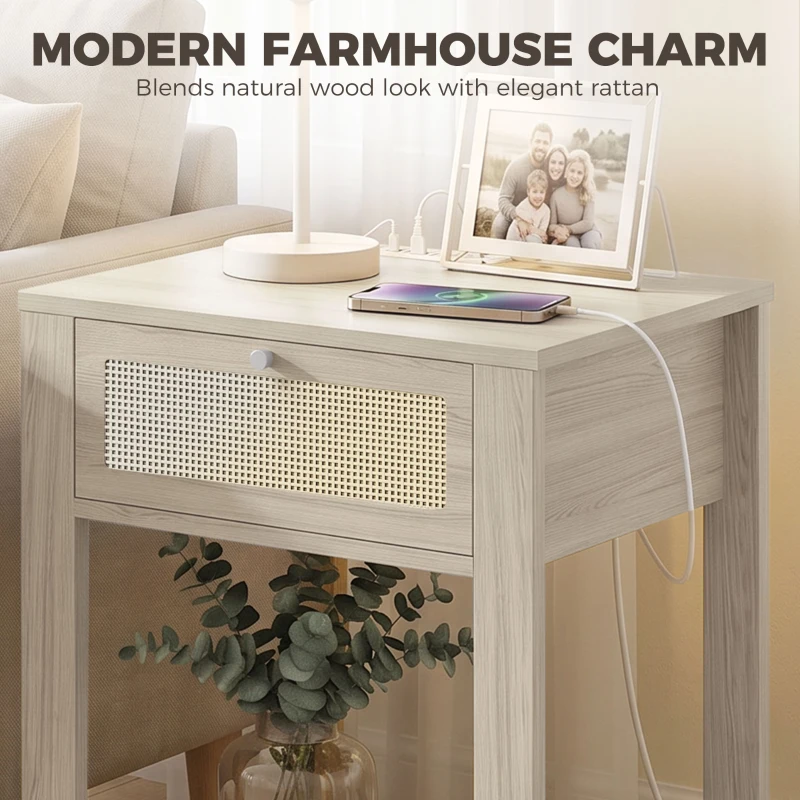 HOMCOM End Table Set of 2 with Charging Station, Bed Side Tables Set with Drawer, Storage Shelf for Living Room, Natural Wood