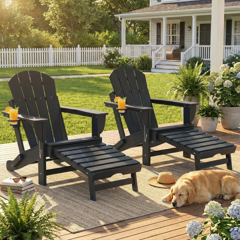 Outsunny Folding Adirondack Chair Set of 2, HDPE Fire Pit Chair with Retractable Ottoman and Cup Holder, Black