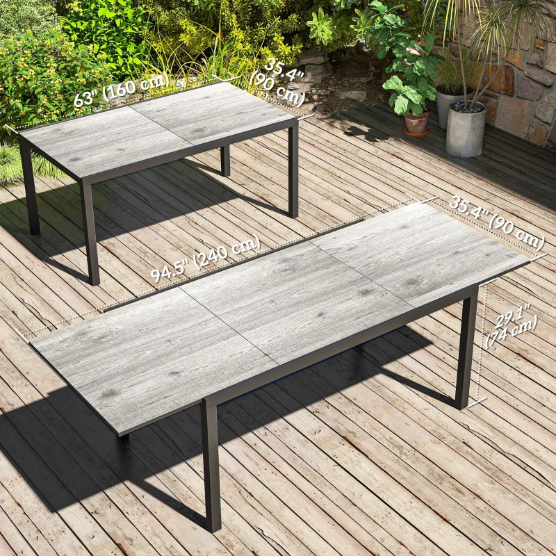 Outsunny 63"-94.5" Extendable Patio Dining Table for 6-8 Person, Outdoor Dining Table with Aluminium Edging, Steel Frame, Grey