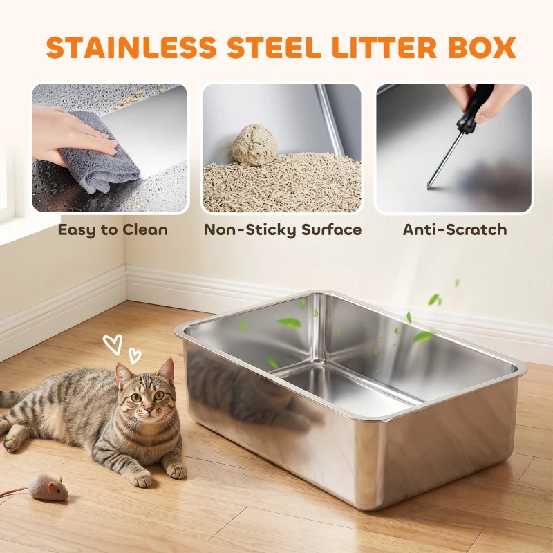 PawHut 2 Pack XL Stainless Steel Litter Box, Metal Cat Litter Box High Sided with Tracking Step & Stainless Steel Scoops