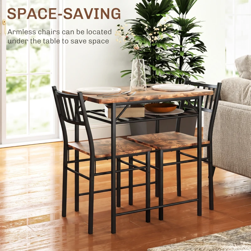 HOMCOM 3-Piece Small Dining Table Set for 2, Kitchen Table and Chairs with Storage Rack and Steel Frame, Brown