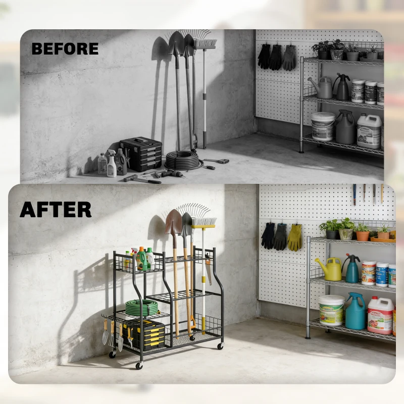 Outsunny Garden Tool Organizer for Garage, 3-Tier Yard Tool Storage Rack with 32 Slots, 4 Wheels and 11 Hooks