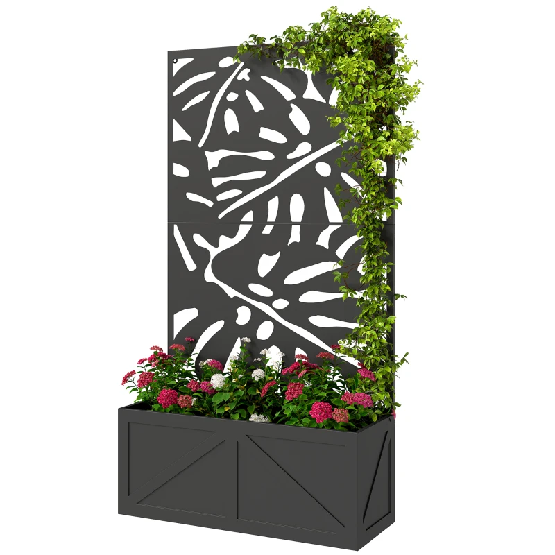Outsunny Metal Raised Garden Bed with Trellis for Climbing Plants, Freestanding or Wall Mounted Flower Bed with Privacy Panel