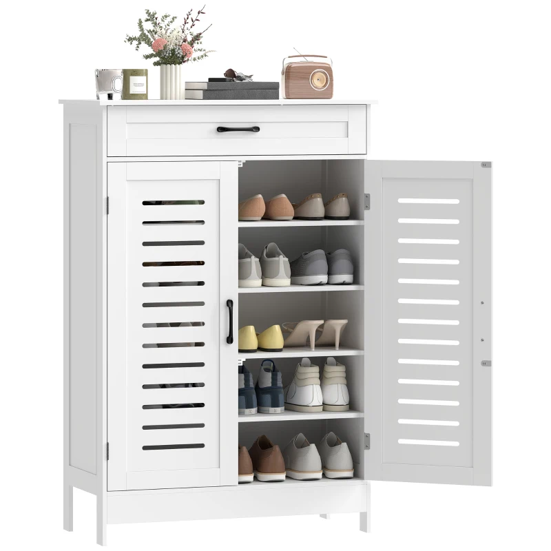 HOMCOM Shoe Cabinet with Louvered Doors, Modern Shoe Storage Cabinet with Drawer and Adjustable Shelves, White