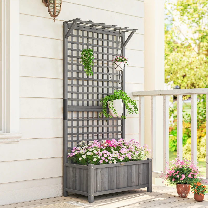 Outsunny Wood Planter with Trellis for Vine Climbing, Raised Garden Bed, Privacy Screen for Backyard, Patio, Deck, Dark Grey