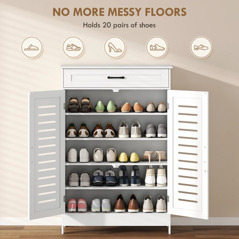 HOMCOM Shoe Cabinet with Louvered Doors, Modern Shoe Storage Cabinet with Drawer and Adjustable Shelves, White