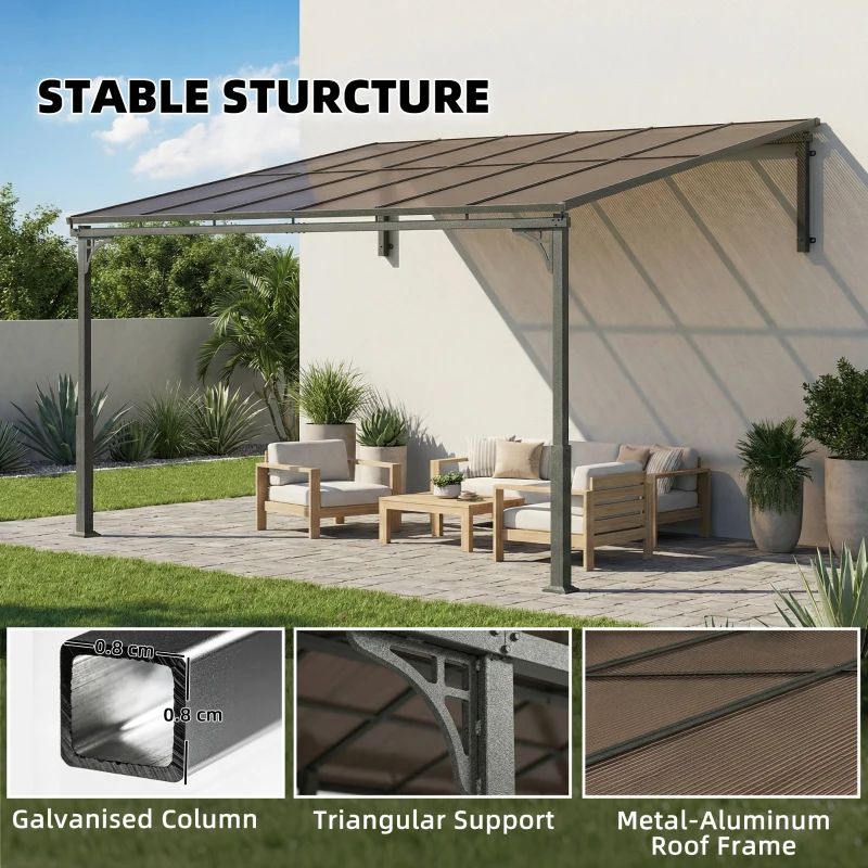 Outsunny 11' x 10' Outdoor Pergola, Wall Mounted Hardtop Lean-to Gazebo with Polycarbonate Roof and Metal-Aluminium Frame