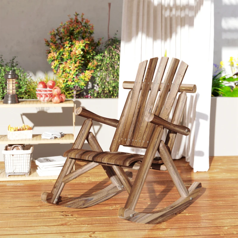 Outsunny Outdoor Wooden Rocking Chair, Single-Person Adirondack Rocking Patio Chair with Rustic High Back, Slatted Seat and Backrest for Indoor, Backyard, Garden, Carbonized