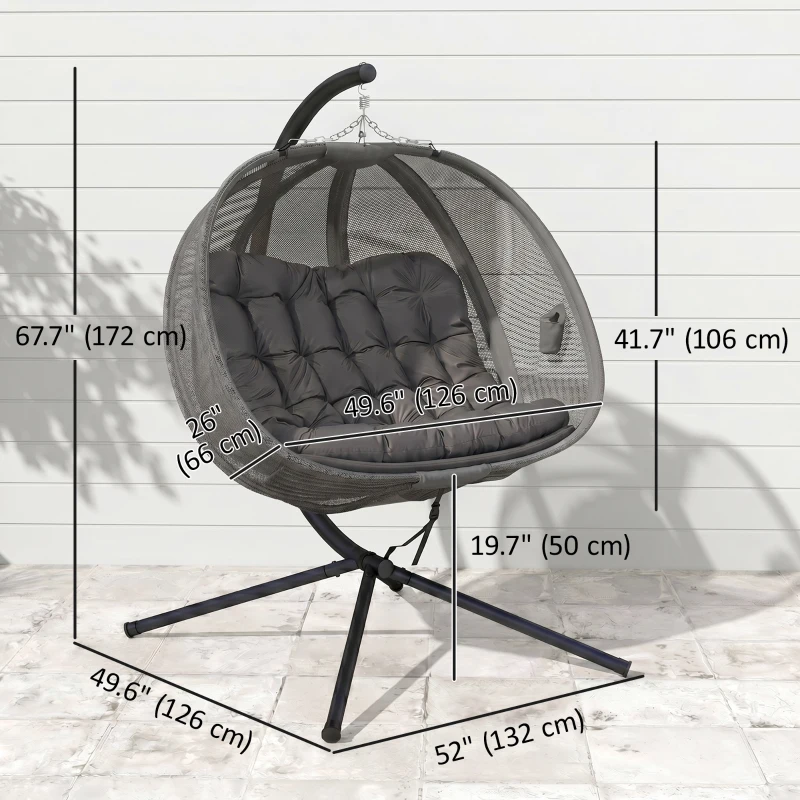 Outsunny Double Egg Chair with Stand, 2 Person Hanging Swing Egg Chair with Cushion, Pockets, Grey