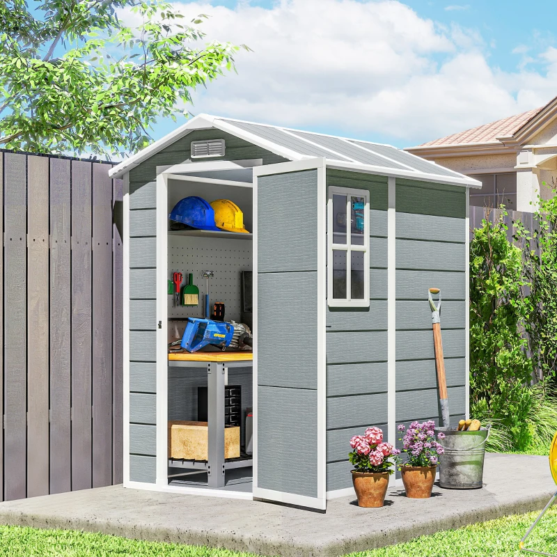 Outsunny 6' x 4' Outdoor Storage Shed, Plastic Shed with Floor, Window, Lockable Door and Vents for Outdoor Patio Storage, Gray
