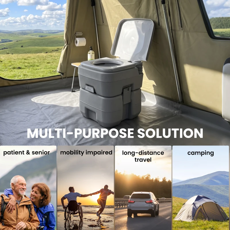 Outsunny Portable Toilet for Adults, Travel Toilet with 2 Detachable Tanks, Camping Toilet for Trips, 5.3 Gallon (20L), Grey