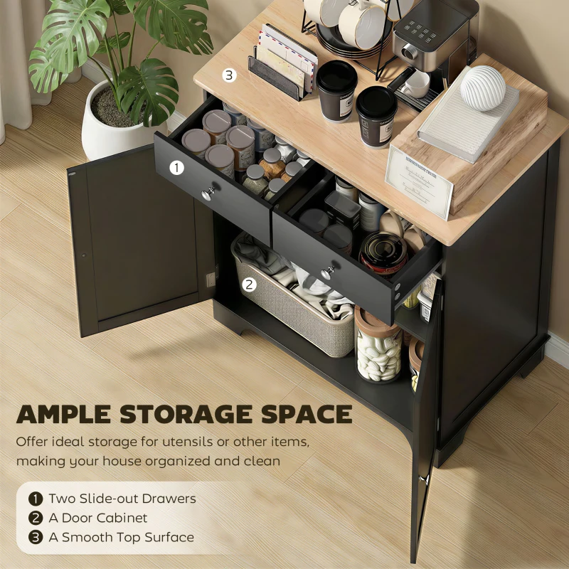 HOMCOM Sideboard Buffet Cabinet with Storage, 27" Kitchen Cabinet with Adjustable Shelf, 2 Drawers and 2 Doors, Coffee Bar Cabinet with Rubberwood Tabletop, Black