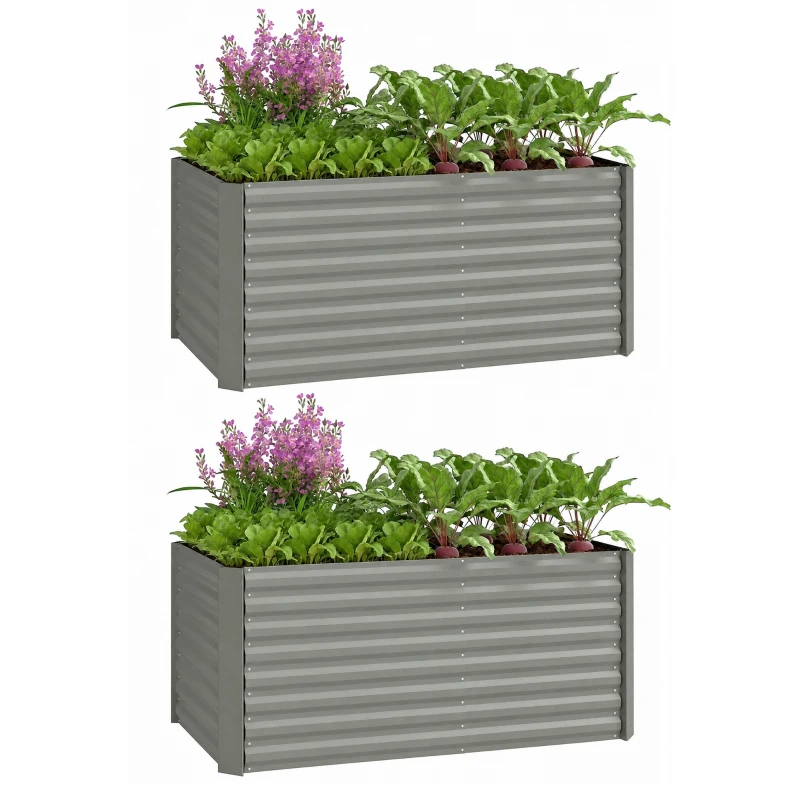 Outsunny Set of 2 Galvanized Metal Planters for Outdoor Plants, 4' x 2' x 2' Raised Garden Bed, Light Grey