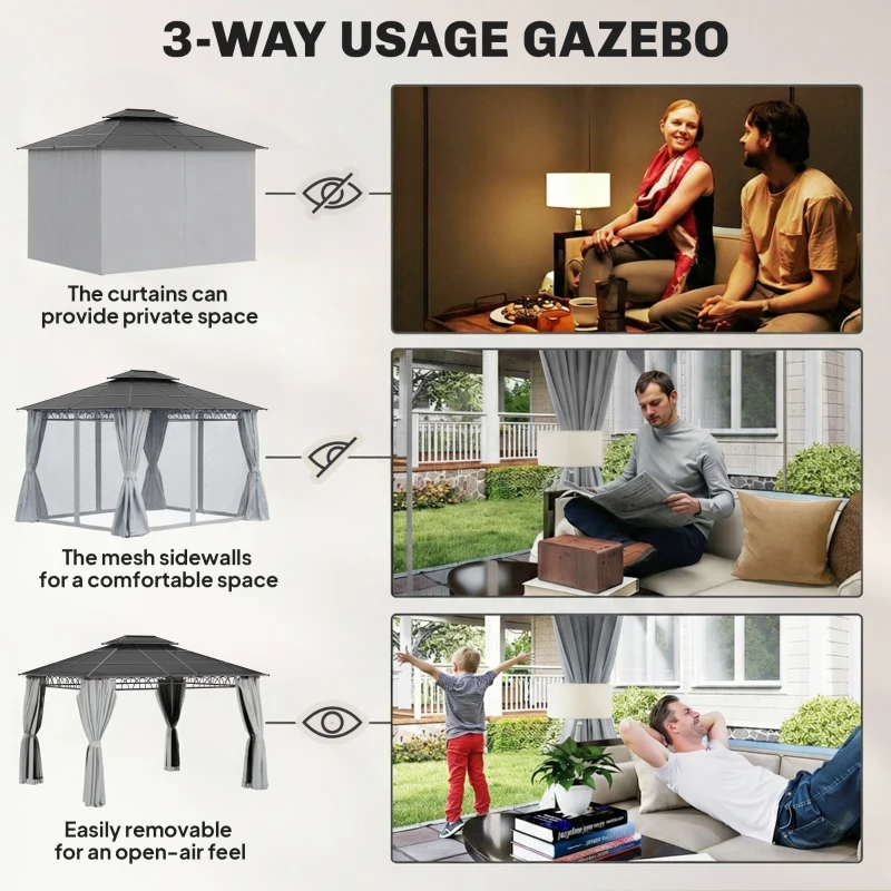 Outsunny 10' x 12' Outdoor Hardtop Gazebo Canopy w/ Double PC Roof, Steel Frame, Nettings, Curtains for Garden Lawn Deck, Grey