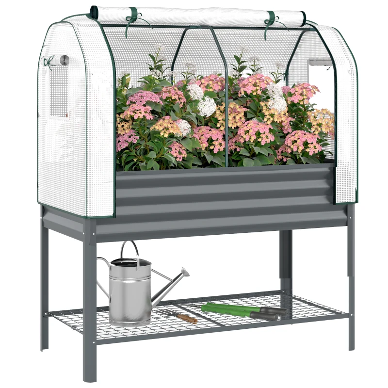 Outsunny Galvanised Raised Garden Bed with Greenhouse Cover, Metal Elevated Planter Box with Bed Liner, Bottom Shelf, Dark Grey