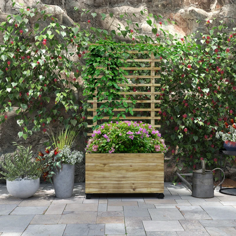Outsunny Wooden Planter with Trellis, Raised Garden Bed with 4 Wheels for Climbing Plants, 30" x 12" x 61", Nature Wood