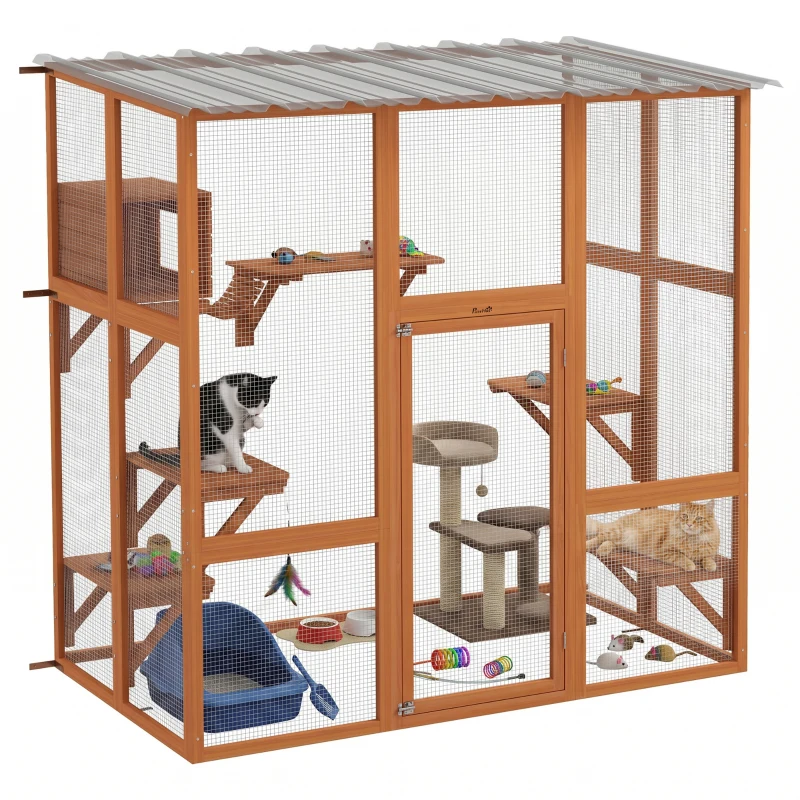PawHut Large Outdoor Catio with Weatherproof Roof, Bridge, Resting Box, Platforms, Orange