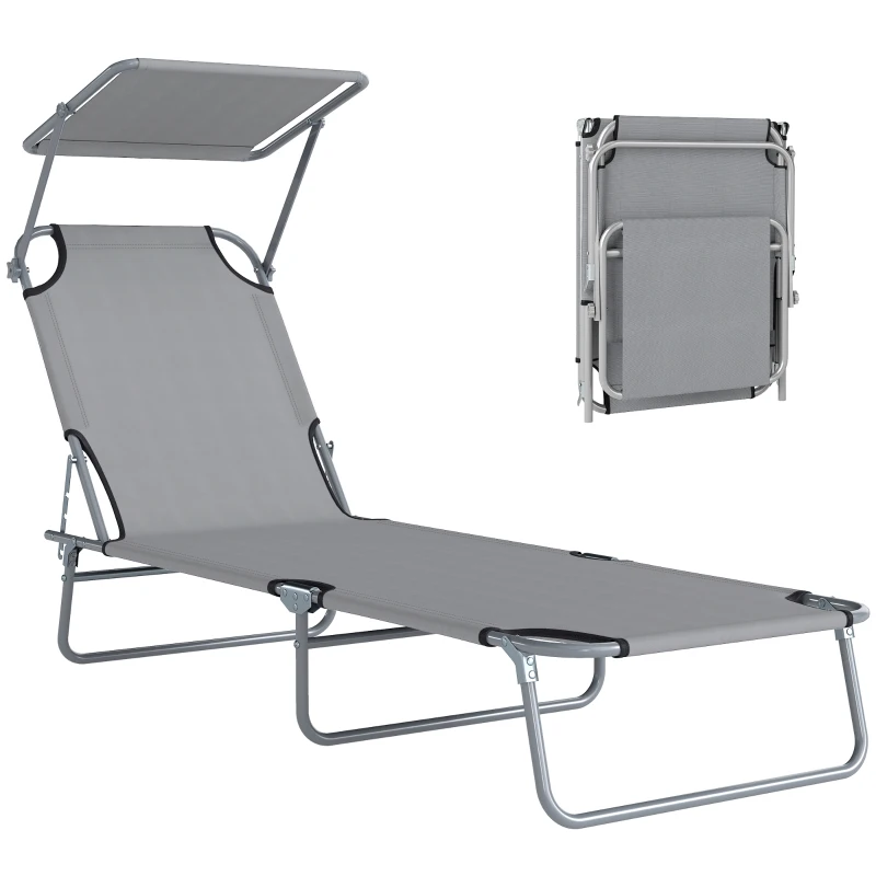 Outsunny Outdoor Lounge Chair, Adjustable Folding Chaise Lounge, Tanning Chair with Sun Shade for Beach, Camping, Hiking, Backyard, Light Grey