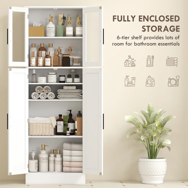 HOMCOM Tall Bathroom Cabinet with Glass Doors, Space-Saving Unit with Adjustable Shelves, Freestanding Storage, White