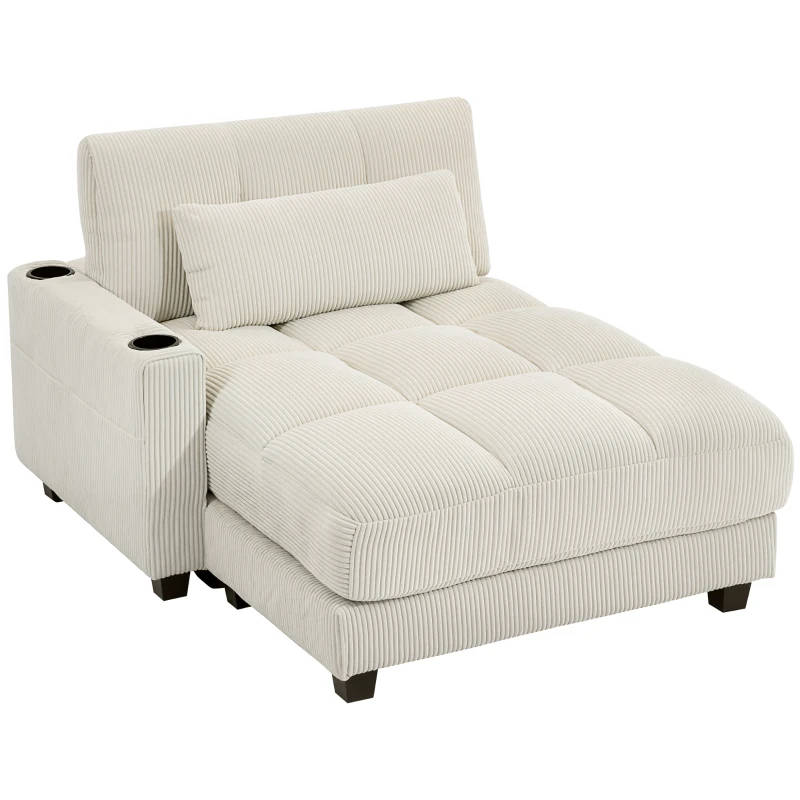 HOMCOM 58" Chaise Lounge Indoor, Oversized Corduroy Sofa Bed with 2 Cup Holders, Pillow, Deep Seat Sleeper Couch, Cream White