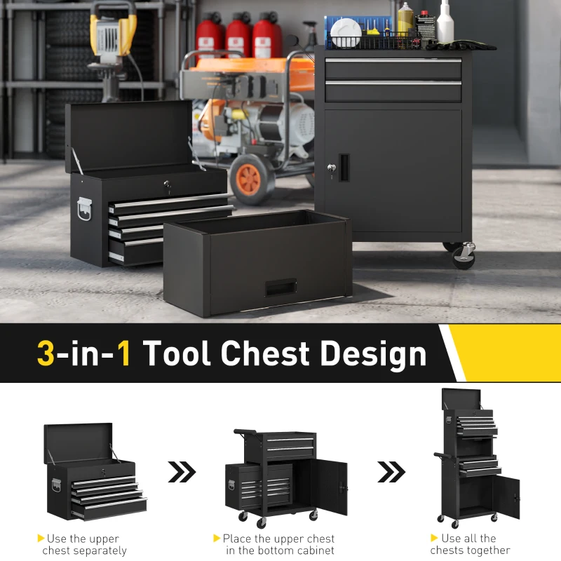 HOMCOM Large Tool Cabinet, 3-in-1 Rolling Tool Chest, Detachable Tool Storage Organizer with 6 Drawers and Pegboard, Black