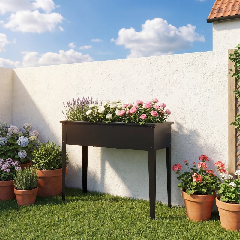Outsunny Raised Planter with Reinforced Corners, Metal Raised Garden Bed on Legs with Drainage Hole, Black