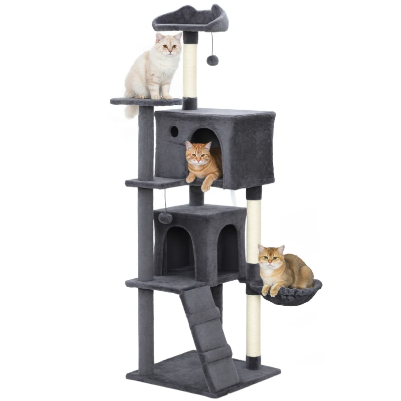 PawHut 63 Inch Cat Tree with Sisal Scratching Posts, Condos, Plush Perches, Hammock, Ladder, Dangling Balls, Dark Grey