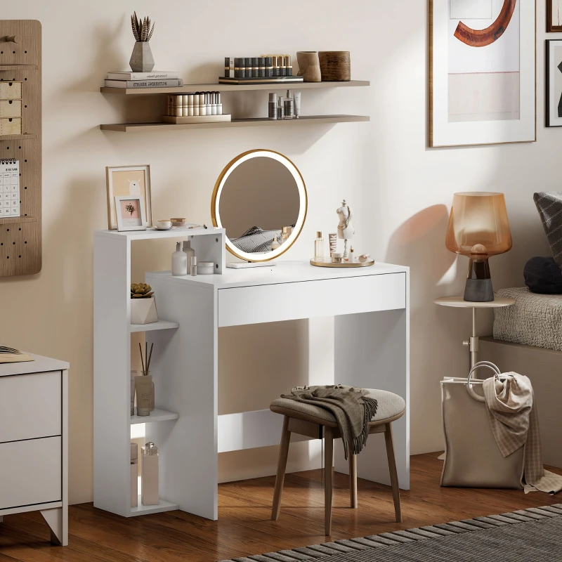 HOMCOM Desk with Storage, Computer Desk with 3 Open Shelves and Drawer White