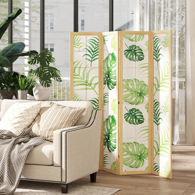 HOMCOM 4 Panel Folding Privacy Screen, 67" Room Divider with Palm Leaf Design for Living Room Bedroom, Natural and Green