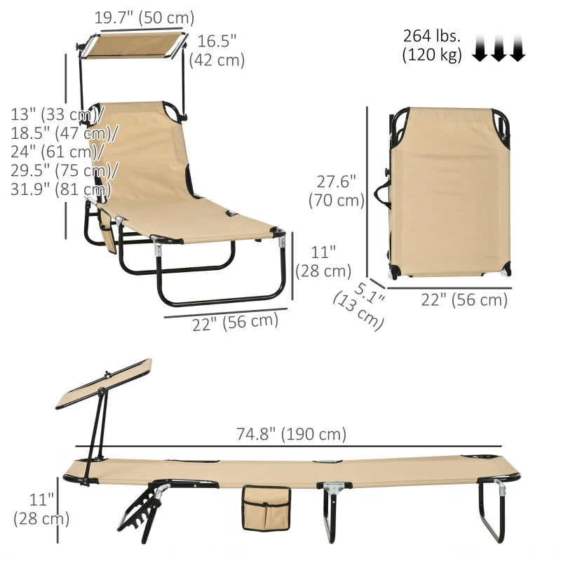 Outsunny 2 Piece Folding Outdoor Chaise Lounges, Pool, Sun, Tanning Chairs with Reclining Back, Sunshade for Beach, Patio, Tan