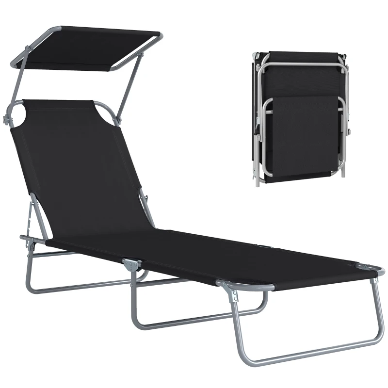 Outsunny Outdoor Lounge Chair, Adjustable Folding Chaise Lounge, Tanning Chair with Sun Shade for Beach, Camping, Hiking, Backyard, Black