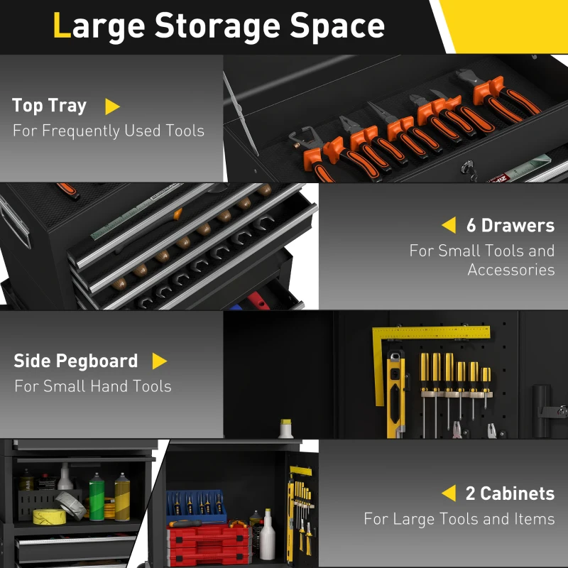 HOMCOM Large Tool Cabinet, 3-in-1 Rolling Tool Chest, Detachable Tool Storage Organizer with 6 Drawers and Pegboard, Black