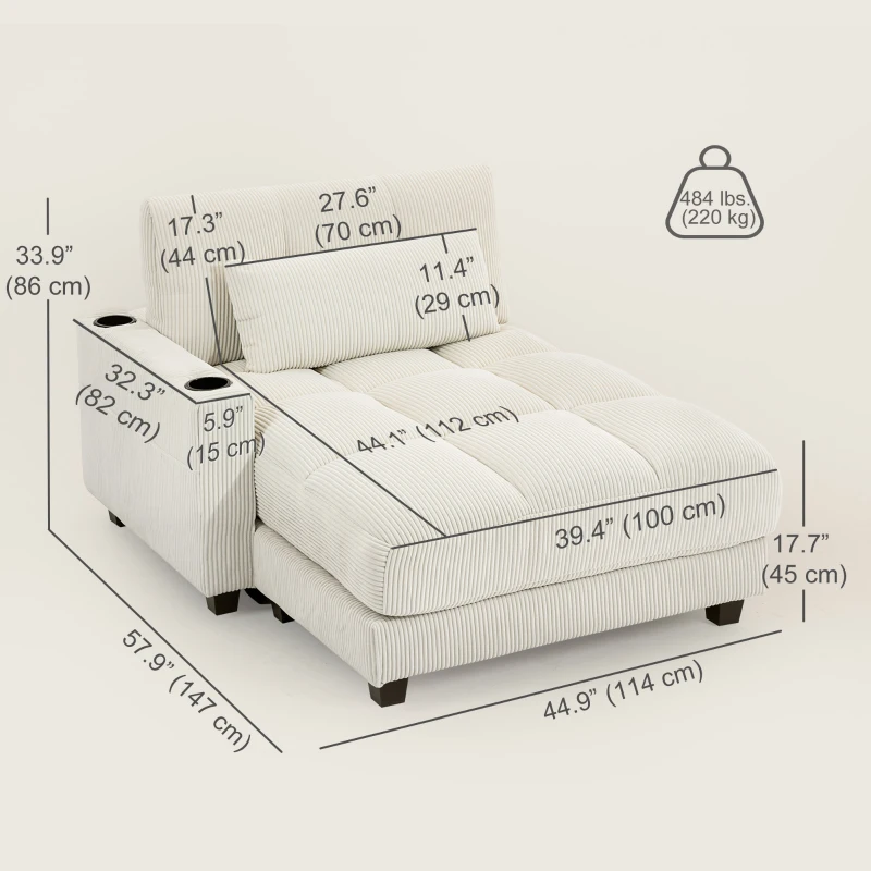 HOMCOM 58" Chaise Lounge Indoor, Oversized Corduroy Sofa Bed with 2 Cup Holders, Pillow, Deep Seat Sleeper Couch, Cream White