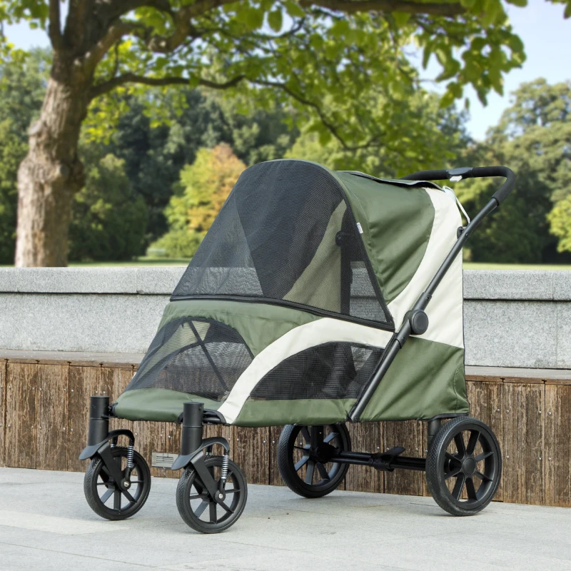 PawHut Foldable Pet Stroller for Medium Dogs with Four Big Wheels, Shock-Absorbing Frame, Safety Leashes, Brakes, Dark Green
