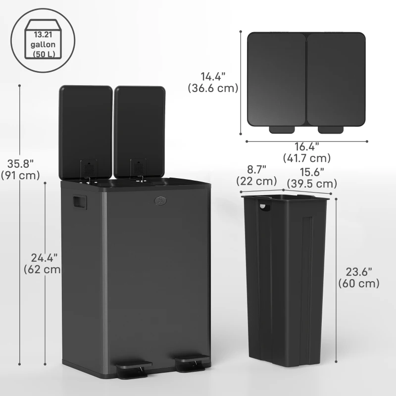 HOMCOM Garbage Bin, Soft-Close Trash Can with Foot Pedal, 2x7.4 Gal (2x28 L) Garbage Can with Removable Inner Buckets, SBlack