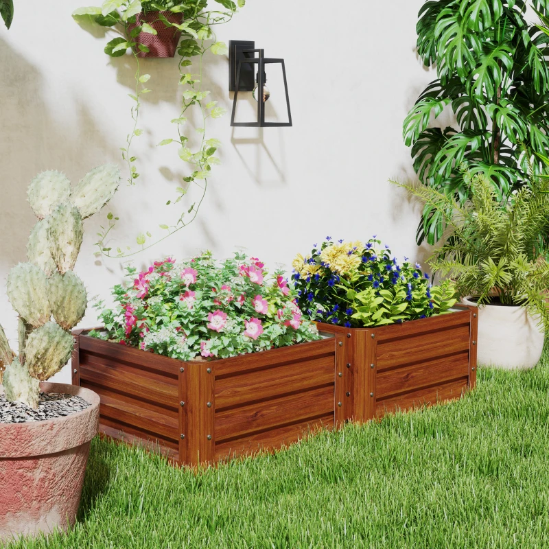 Outsunny Galvanized Raised Garden Beds, Outdoor Planter Box, Set of 2, for Flowers, Herbs and Vegetables, Dark Brown Wood Effect