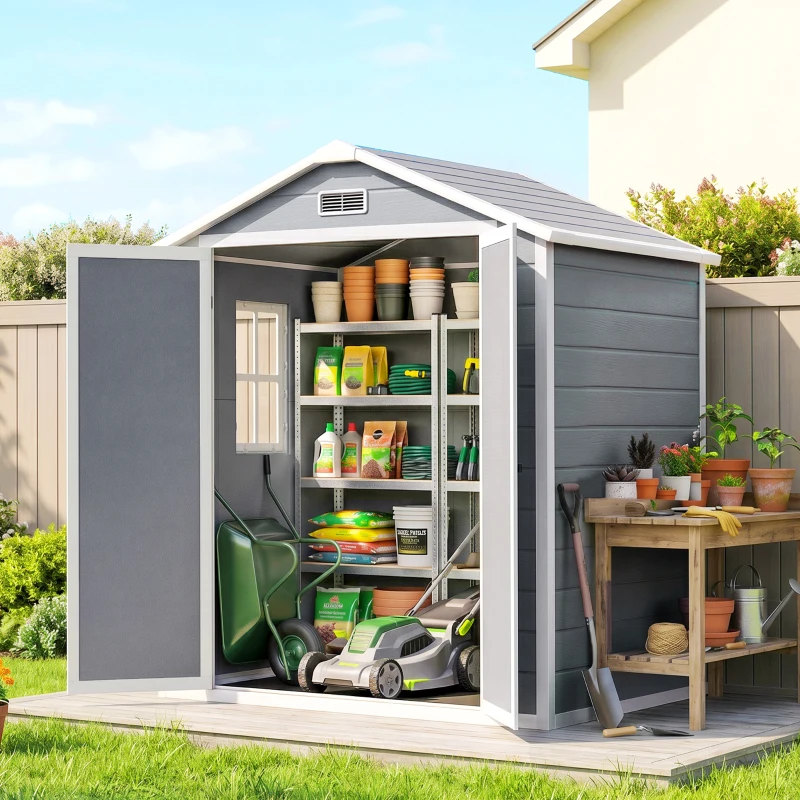 Outsunny 6x4.5FT Plastic Shed, Lockable Garden Tool Storage House with Double Doors and Vent, Grey