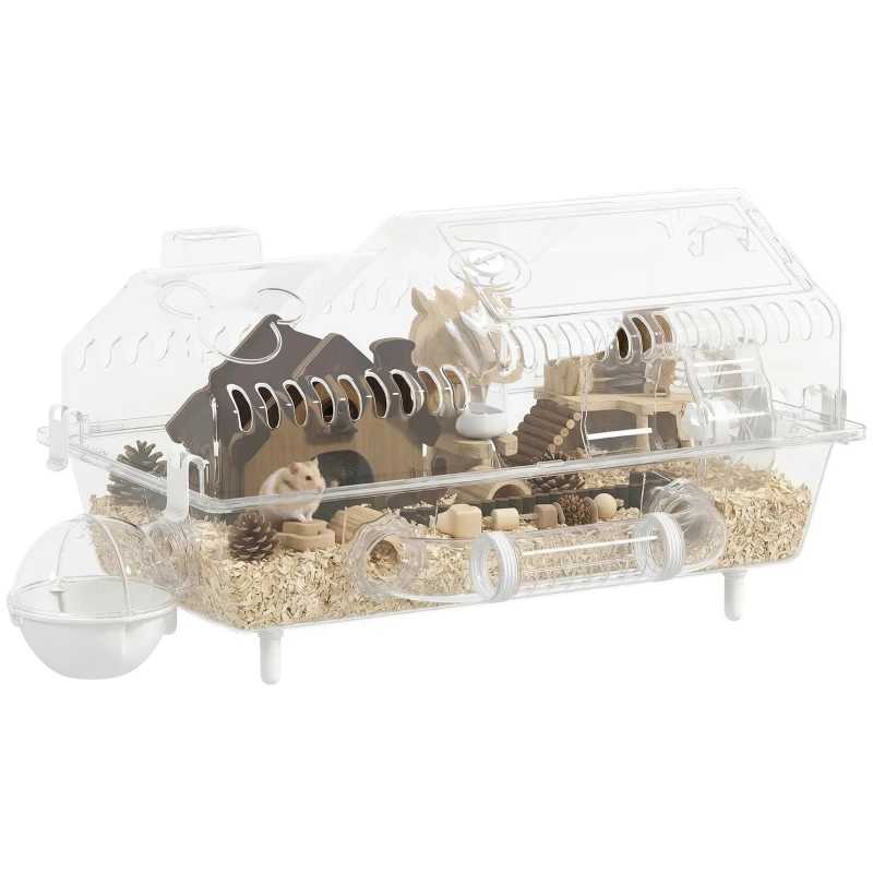 PawHut Hamster Cage with Large Wheel & Hideout, Small Animal Habitat with Accessories, Clear Pet House, 21.5" x 11.8" x 12.6",
