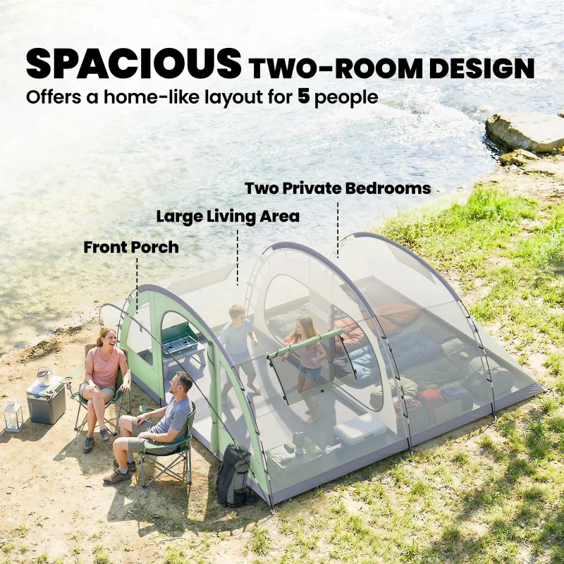 Outsunny Multi-Room Camping Tent for 5 Person, Easy Set up Large Family Tent with 4 Windows, Porch, Light Green