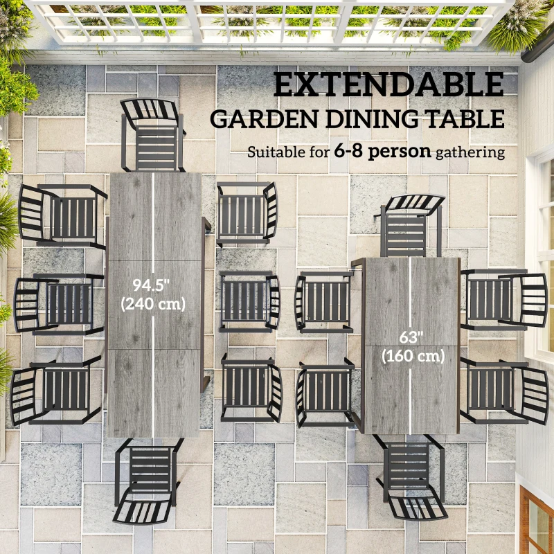 Outsunny 63"-94.5" Extendable Patio Dining Table for 6-8 Person, Outdoor Dining Table with Aluminium Edging, Steel Frame, Grey